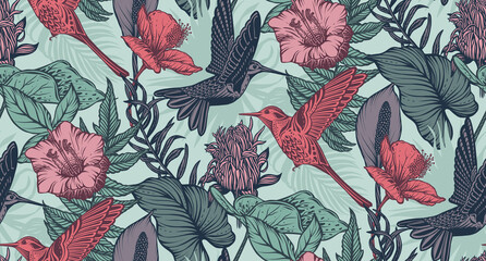 Beautiful seamless pattern with tropical flowers, hummingbird, jungle palm, monstera, exotic leaves.