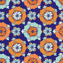 Medieval Rose Vector Pattern Seamless Background. Azulejo Tile Style Backdrop Of Hand Drawn Flower Motifs. Neon Indigo Orange Blue Color.Geometric Botanical Decorative Design. Arabesque Floral Repeat