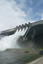 Water Splashing From Floodgate Khun Dan Prakarn Chon Huge Concrete Dam In Thailand