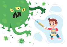 Vaccinated Boy Fighting The Coronavirus Monster. Vector Illustration Of Vacctination Of Children In Flat Style.