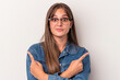 © Asier - Young caucasian woman isolated on white background points sideways, is trying to choose between two options.