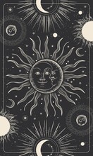 Magic Drawing With The Face Of The Sun And Moon. Tarot Card, Astrological Illustration.