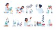 © VectorBum - Scientists characters. Researchers people work in lab. Isolated doctors exploring virus and DNA. Chemists experimenting with test tubes in laboratory. Vector scientific discoveries set