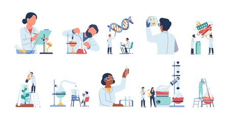 scientists characters. researchers people work in lab. isolated doctors exploring virus and dna. che