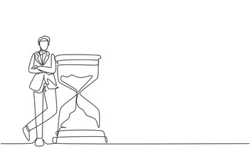 Wall Mural - Single continuous line drawing businessman lean on huge giant hourglass for time is money financial investment concept. Time management conceptual metaphor. One line draw design vector illustration