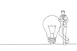 © Simple Line - Continuous one line drawing businessman leaning on giant lightbulb, business idea. Business people have ideas leaning against the lamp symbol is good idea. Single line draw design vector illustration