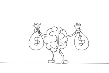 Wall Mural - Single continuous line drawing brain holding money bag with two hands. Cute brain mascot character illustration holding bag full of money. Dynamic one line draw graphic design vector illustration