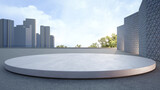 Empty concrete floor and round white podium. 3d rendering of city view plaza with clear sky background.