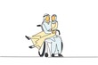 Single one line drawing disabled Arabian man carrying woman in wheelchair. Happy couple at wedding celebration. Male with special needs in wheelchair. Continuous line draw design vector illustration