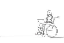Continuous One Line Drawing Disabled Woman Working On Laptop. Wheelchair, Idea, Computer. Freelance, Disability. Online Job And Startup. Physical Disability And Society. Single Line Draw Design Vector