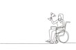 Single one line drawing happy woman in wheelchair hold golden cup trophy winner podium. Disabled person recovery. Sport game competition, sport training, challenge. Continuous line design vector