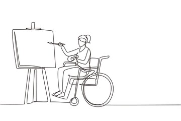 Single one line drawing disabled woman in wheelchair painting landscape on canvas. Rehabilitation physiotherapy concept. Physical disability, society. Continuous line draw design vector illustration