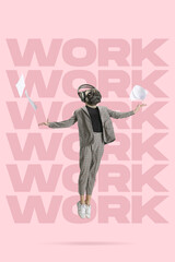 Contemporary art collage of woman in official suit with pug head in a jump with flying paper around isolated over pink background