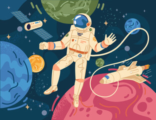 Wall Mural - spaceman scientific hero in astronaut in cosmos on background of color cartoon planets. vector astro