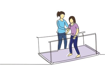 Wall Mural - Single one line drawing isometric doctor physiotherapist helping female patient using leg prosthesis to take first step. physical therapy people with disabilities. Continuous line draw design vector