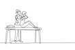 Single one line drawing woman sitting on massage table masseur doing healing treatment massaging injured patient manual physical therapy rehabilitation. Continuous line draw design vector illustration