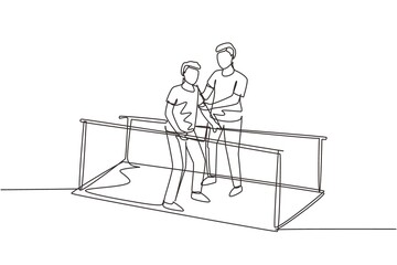 Wall Mural - Continuous one line drawing isometric doctor physiotherapist helping male patient using leg prosthesis to take first step. physical therapy of people with disabilities. Single line draw design vector