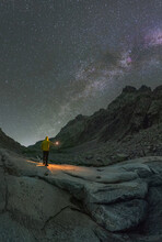 Anonymous Traveler Contemplating Mountains And Pond Under Milky Way