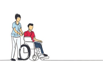 Wall Mural - Continuous one line drawing disabled male with broken hand, leg riding wheelchair with nurse assistance. Man patient in traumatology hospital. Disability. Single line draw design vector illustration