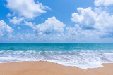 Fototapeta Morze - Beach sand and blue sea landscape nature in blue sky