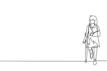 Single Continuous Line Drawing Sad Injured Girl With Broken Arm And Leg In Gypsum. Full Length Of Upset Injured Little Girl Standing On Crutches. One Line Draw Graphic Design Vector Illustration