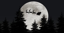 Silhouette Of Santa Claus In Sleigh Being Pulled By Reindeers Against Moon