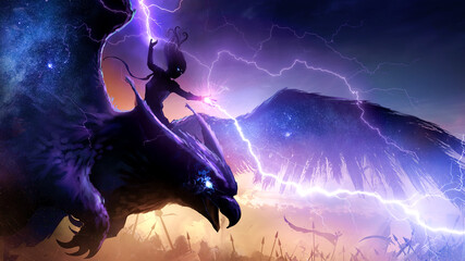 A beautiful sorceress riding on a huge owl griffin flies into the thick of battles launching purple lightning from the sky at enemies, their bodies sparkle with stars and magic. 2d illustration