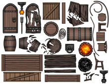 Designer For Game Cards With A Top View, It Has A Lot Of Wooden And Iron Objects, Barrels, Doors, Torches, Chests, Etc. Painted In A Minimalistic 2D Style, Many Items Are In A Broken Condition