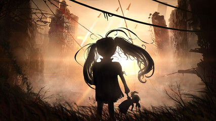 Silhouette of a little girl with long hair in ponytails, she looks at a beautiful sunset in a post-apocalyptic city with the ruins of skyscrapers, four rockets are flying into the sky 2d illustration