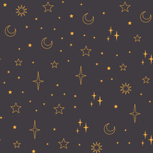 Stars Seamless Pattern With Sun, Moon. Mystical Esoteric Background For Astrology Design. Cosmos And Space Texture Background.
