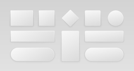 White glossy web buttons. Set of realistic 3d icons, internet stickers square rectangle circle shapes. Vector illustration