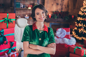 Wall Mural - Photo of cheerful positive lady folded hands shiny smile wear elf costume in decorated office indoors