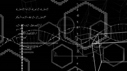 Sticker - Animation of DNA strand spinning with calculations on black background. Global medicine research sci