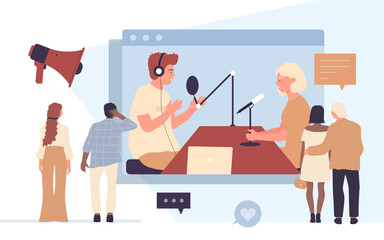 Tv studio video broadcast interview vector illustration. Cartoon broadcasting television channel with live show, man reporter talking with woman online for audience of people, journalism background