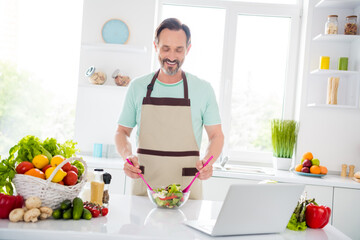 Sticker - Photo of positive handsome man mix bowl salad hold spoon wear apron blue t-shirt home kitchen indoors