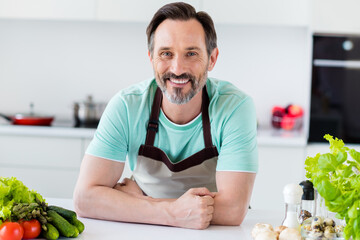 Sticker - Photo of confident nice mature man shiny white smile posing wear apron blue t-shirt home kitchen indoors