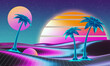 Retro futuristic illustration in 1980s style. Digital terrain with holographic palm trees in front of cyber laser sunset. Neon light colored background for flyer, cover, brochure.