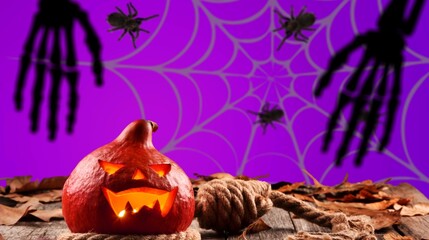 Wall Mural - Halloween composition with pumpkins, bony hands, spiders, bats on a background.