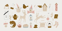 Modern Set Of Flat Doodles Items. Cozy Winter Atmosphere. Ideal For Decorating And Printing Postcards