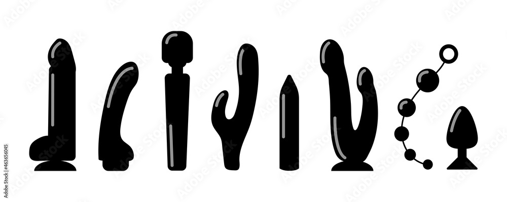 Set of adult sex toys. Dildos and vibrators, vaginal beads, anal plugs. Vector  sex shop icons in a flat black silhouette style. Stock Vector | Adobe Stock