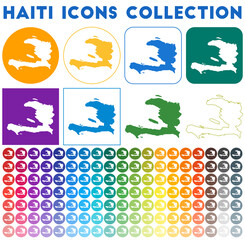 Haiti icons collection. Bright colourful trendy map icons. Modern Haiti badge with country map. Vector illustration.