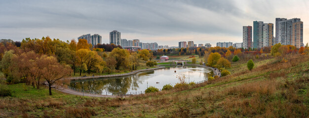 Panoramic vie on Park of the Olympic Village, Moscow, Russia