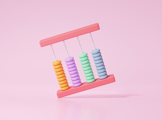 Colorful abacus icon cute smooth on pink background, arithmetic game learn counting number concept. finance education. 3D render illustration