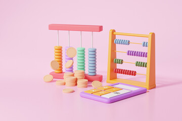 Finance education concept. Colorful abacus with coins and calculator isometric on pink background, arithmetic game learn counting number. 3d render illustration.