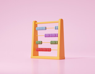 3D render Cartoon minimal style Colorful abacus on pink pastel background, arithmetic game learn counting number concept, finance and business education. illustration