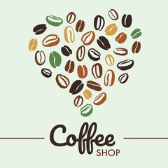 coffee shop logotype and coffee beans of varying degrees of roast in the shape of a heart. vector ha