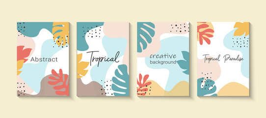 Creative vector set for social media stories and post. Background template with copy space for text and images. Abstract colored shapes, line arts, tropical leaves.