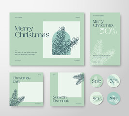 Wall Mural - Christmas Advertising Trendy Editable Templates Set. Pine Spruce Branches and Typography for Social Networks Stories Highlights and Posts Backgrounds. Social Media Holiday Greeting Cards or Banners