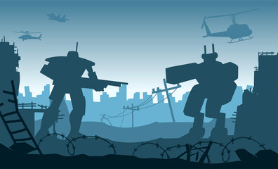 Sticker - Silhouette design of robot are fighting in destroyed city between of war,vector illustration