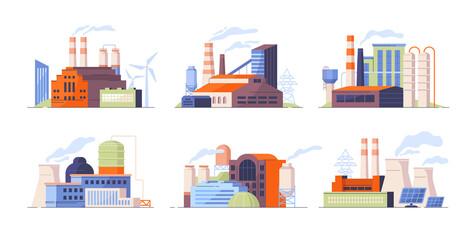 Set of factory buildings. Power plants with devices for generating energy. Various ways of obtaining energy resources and electricity. Cartoon flat vector collection isolated on white background